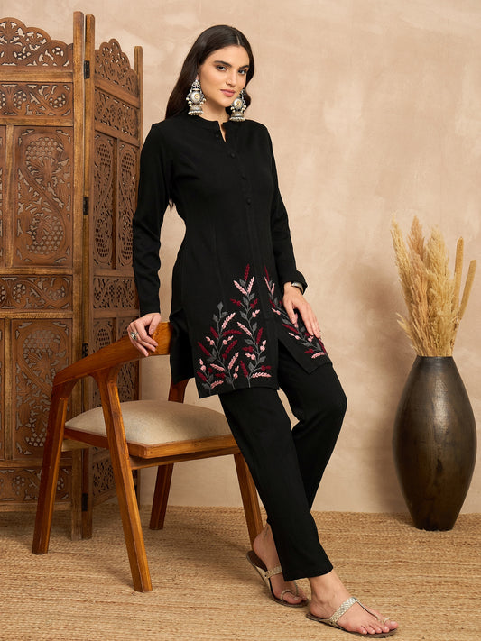 CLAPTON Women’s Black Wool Blend Embroidered Kurti & Pant Set – 2 Piece Winter Wear