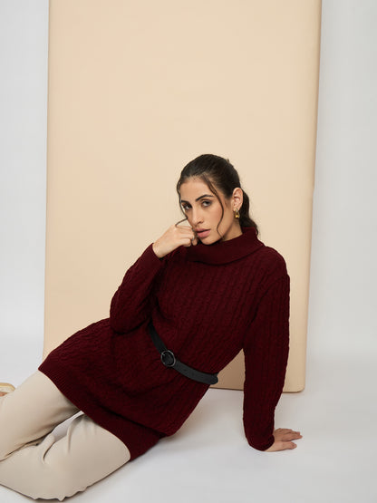 Clapton High Neck Cable Knitted Woolen Dress Maroon