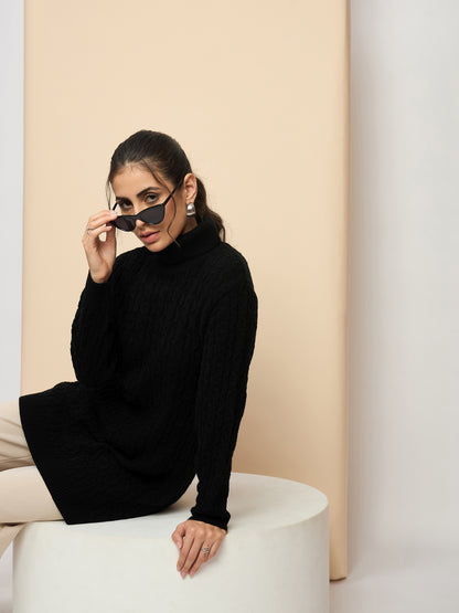Clapton High Neck Cable Knitted Woolen Dress Black