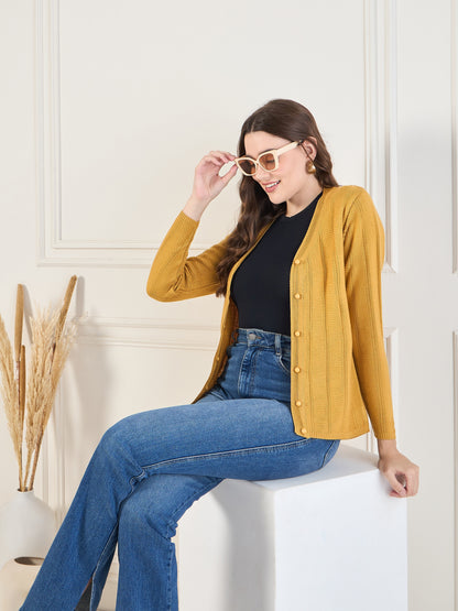 Wool Blend Round Neck cardigan Mustard
