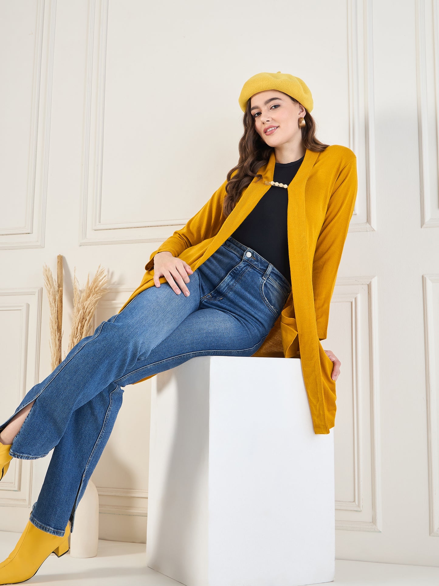Women's Mustard Gold open neck long Sleeves, Knitted Winter Wear Shrug