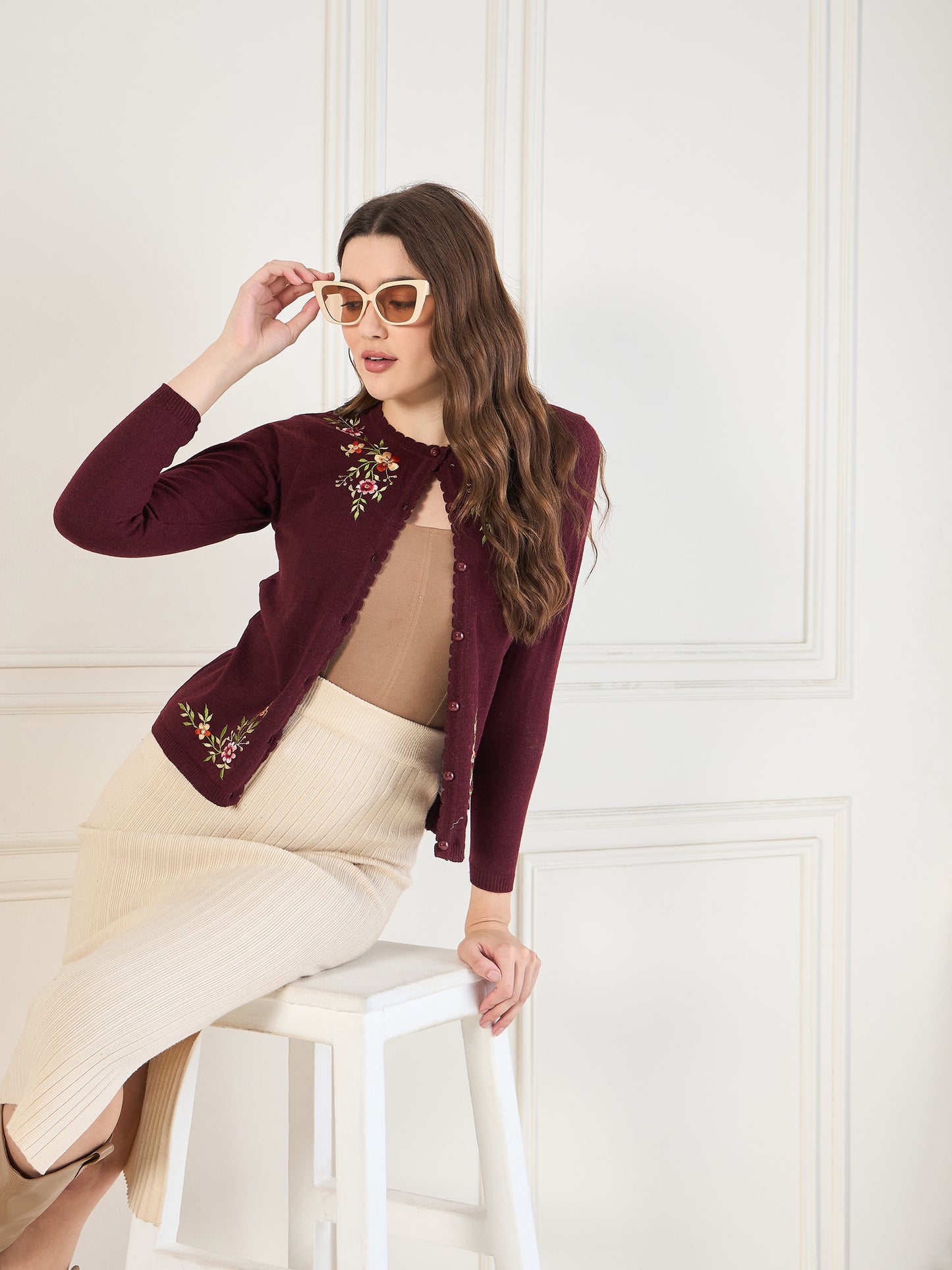 Embroidered Long Sleeves Pure Wool  Cardigan Sweater Maroon