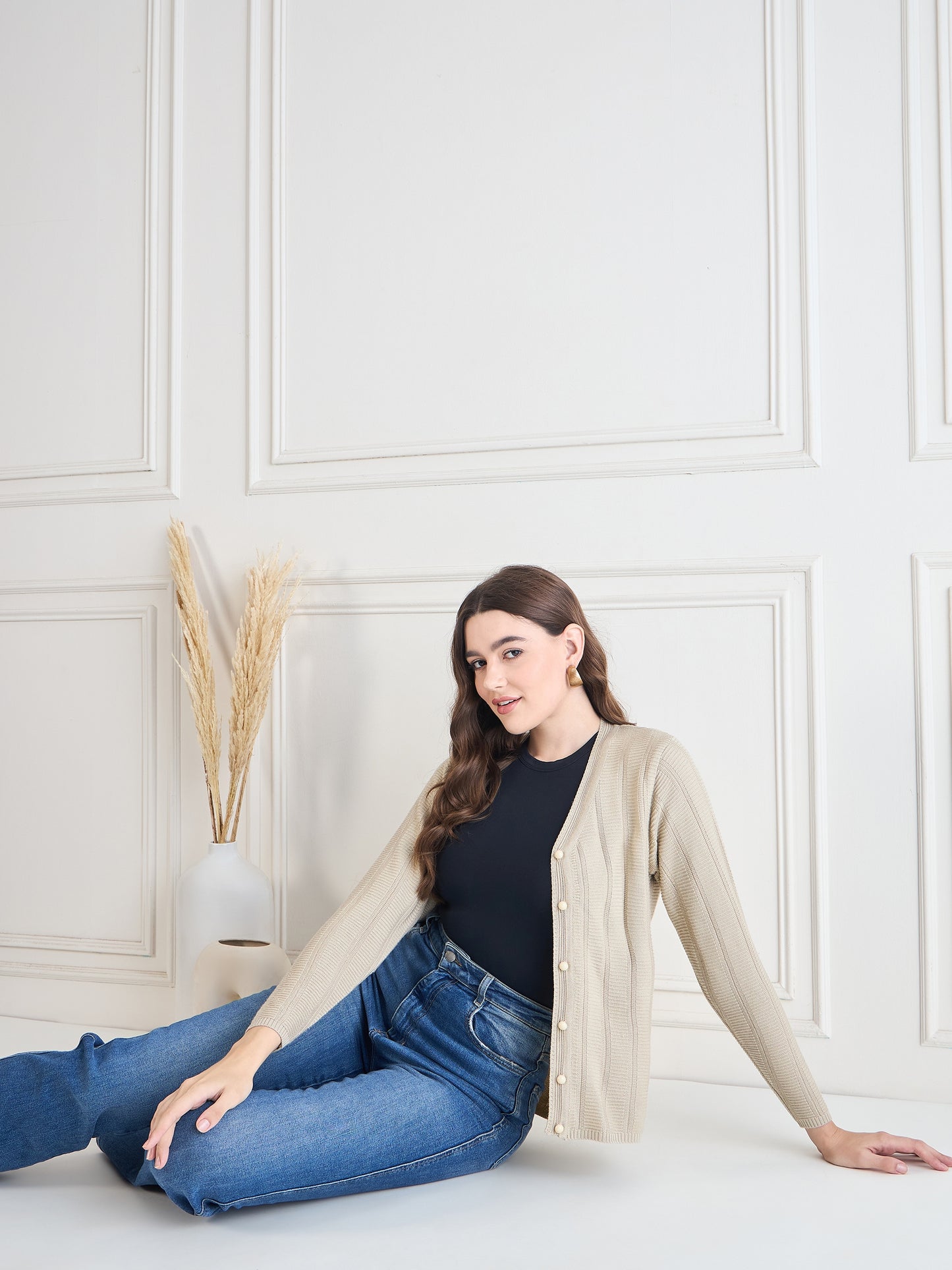 Wool Blend Round Neck cardigan beige