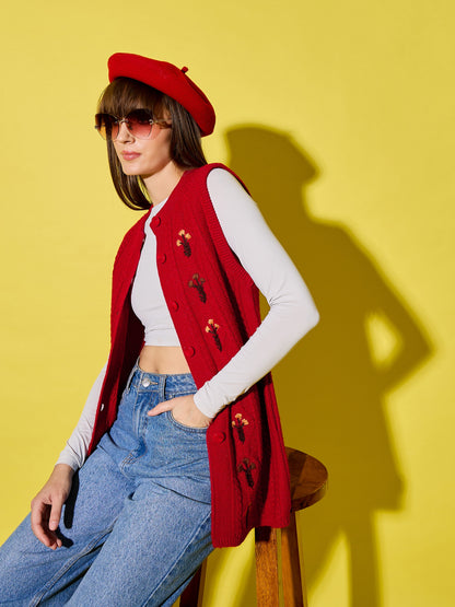 Embroidery Woolen Sleeveless Cardigan