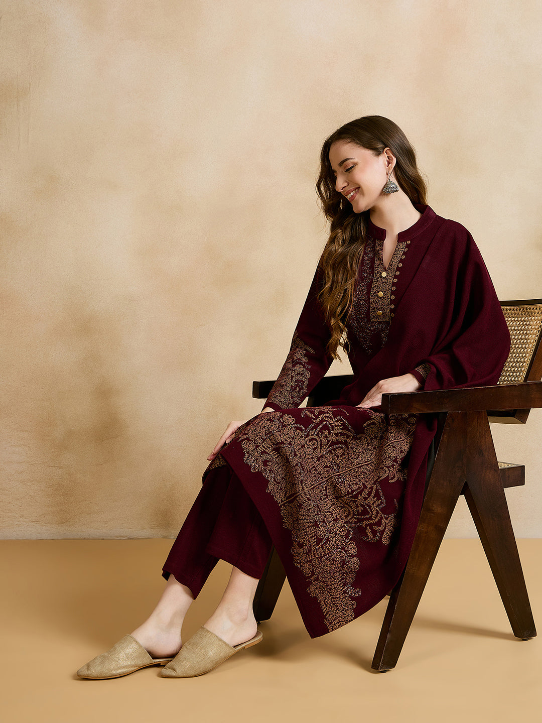 Clapton Embroidered Straight Kurta Pant With Dupatta Set Maroon