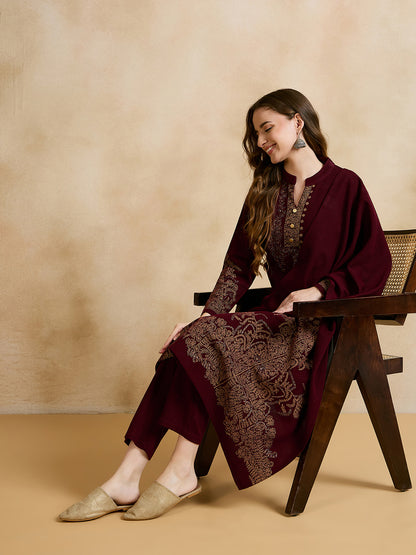 Clapton Embroidered Straight Kurta Pant With Dupatta Set Maroon