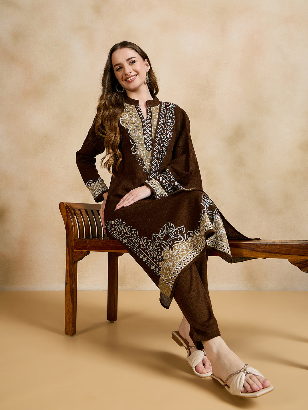 Clapton Embroidered Straight Kurta Pant With Dupatta Set Brown