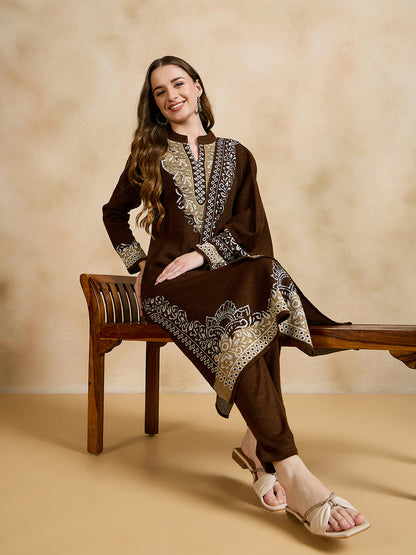 Clapton Embroidered Straight Kurta Pant With Dupatta Set Brown