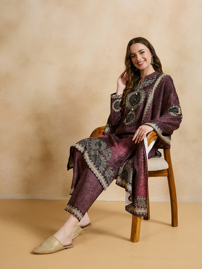 Clapton Printed Work Straight Kurta Pant With Dupatta Set Maroon