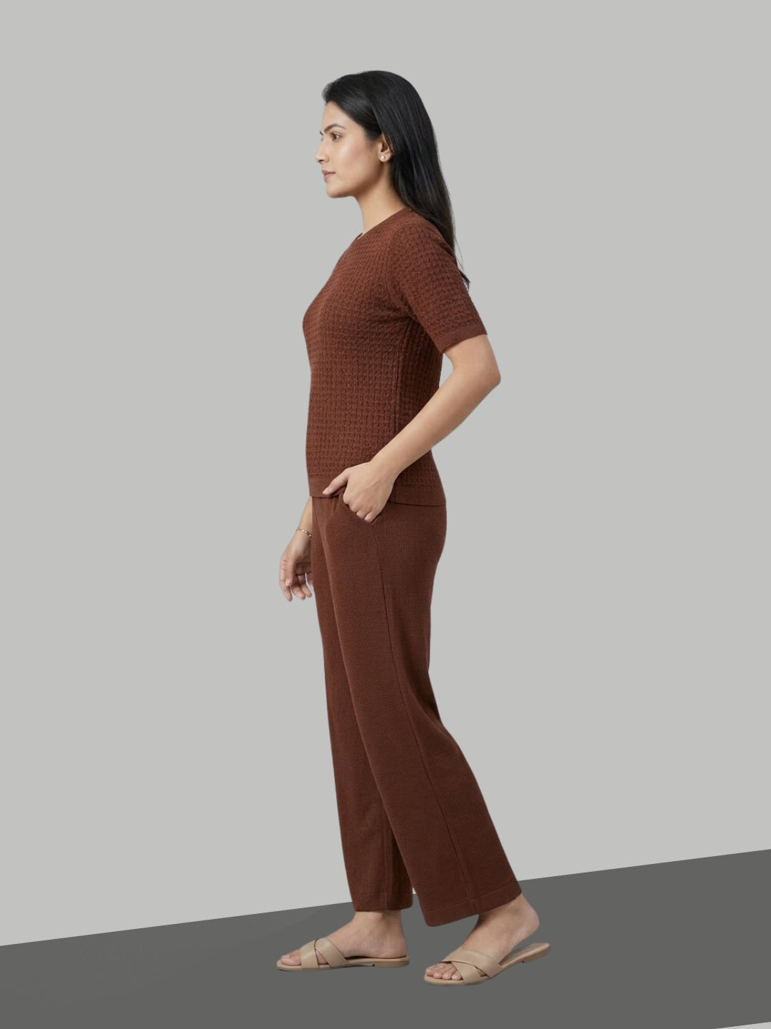 CLAPTON Women’s Solid Brown Knitted Summer Wear Co-ord Set – Textured Round Neck Top & Straight-Leg Trousers