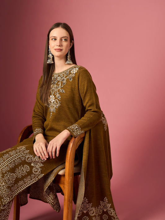 Clapton Embroidered Straight Kurta Pant With Dupatta Set Mustard Gold