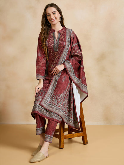 Clapton Printed Work Straight Kurta Pant With Dupatta Set Maroon