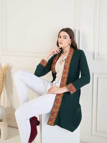 Women's Green Embroidered Sleeves, Floral Pattern, Winter Wear, Open Neck Shrug