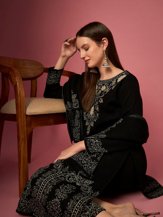 Clapton Embroidered Straight Kurta Pant With Dupatta Set Black