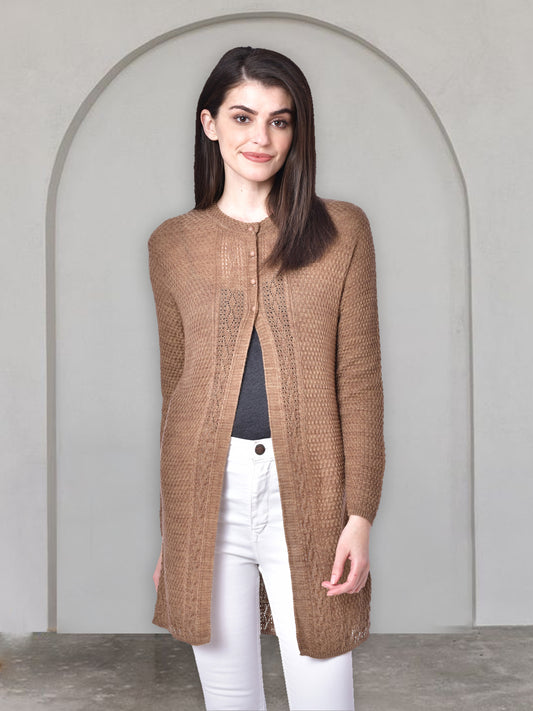 Wool Blend Round Neck Dark Brown Long Shrug