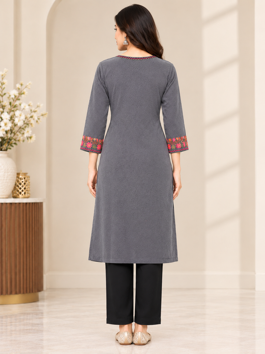Clapton GREY Woolen Winter wear Embroidered Kashmiri Aari Work Kurta (PHERAN)