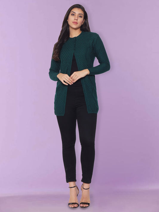 Wool Blend Round Neck Dark Green Long Shrug