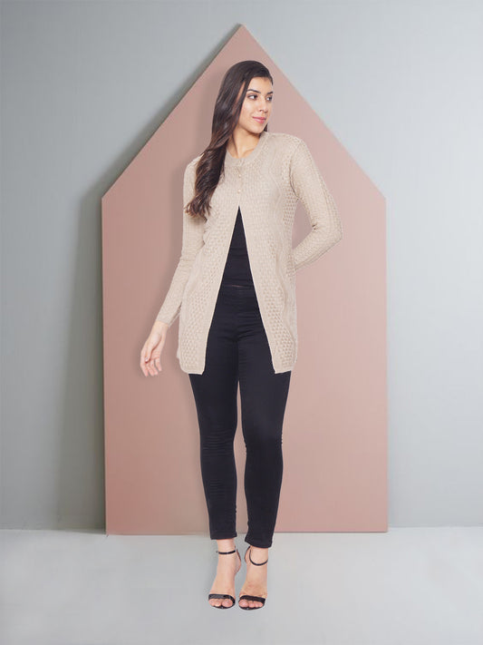 Wool Blend Round Neck Beige Long Shrug