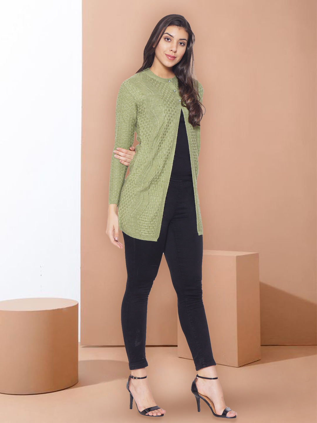 Wool Blend Round Neck Perrot Long Shrug