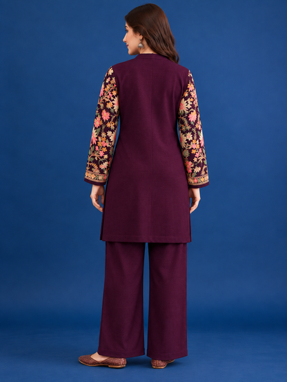 Women’S Embroidered Woolen Kurta With Straight-Fit Pants Co-Set PURPLE