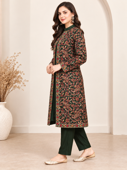Embroidered 3-Piece Co-ord Shrug Set with Straight Pants and Inner Tank Top GREEN