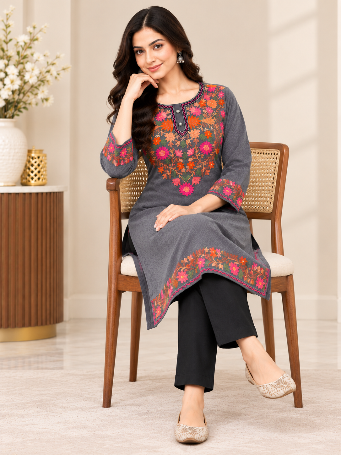 Clapton GREY Woolen Winter wear Embroidered Kashmiri Aari Work Kurta (PHERAN)