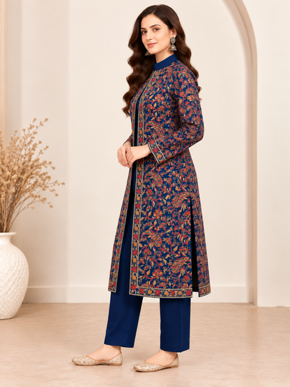 Embroidered 3-Piece Co-ord Shrug Set with Straight Pants and Inner Tank Top Blue