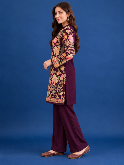 Women’S Embroidered Woolen Kurta With Straight-Fit Pants Co-Set PURPLE
