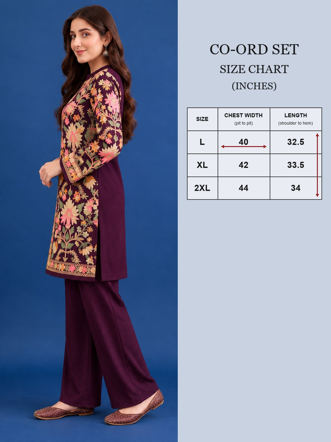 Women’S Embroidered Woolen Kurta With Straight-Fit Pants Co-Set PURPLE