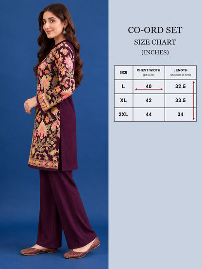 Women’S Embroidered Woolen Kurta With Straight-Fit Pants Co-Set PURPLE