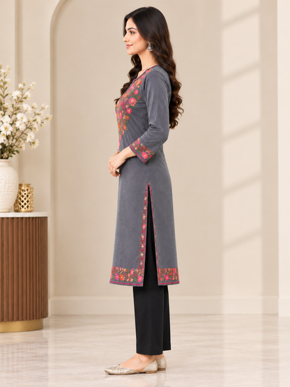 Clapton GREY Woolen Winter wear Embroidered Kashmiri Aari Work Kurta (PHERAN)