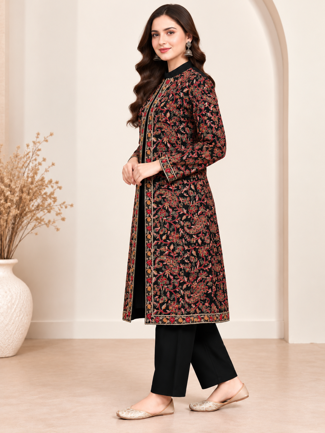Embroidered 3-Piece Co-ord Shrug Set with Straight Pants and Inner Tank Top Black