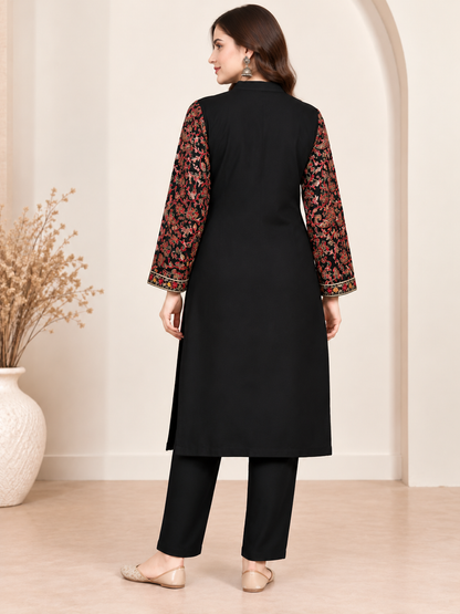 Embroidered 3-Piece Co-ord Shrug Set with Straight Pants and Inner Tank Top Black