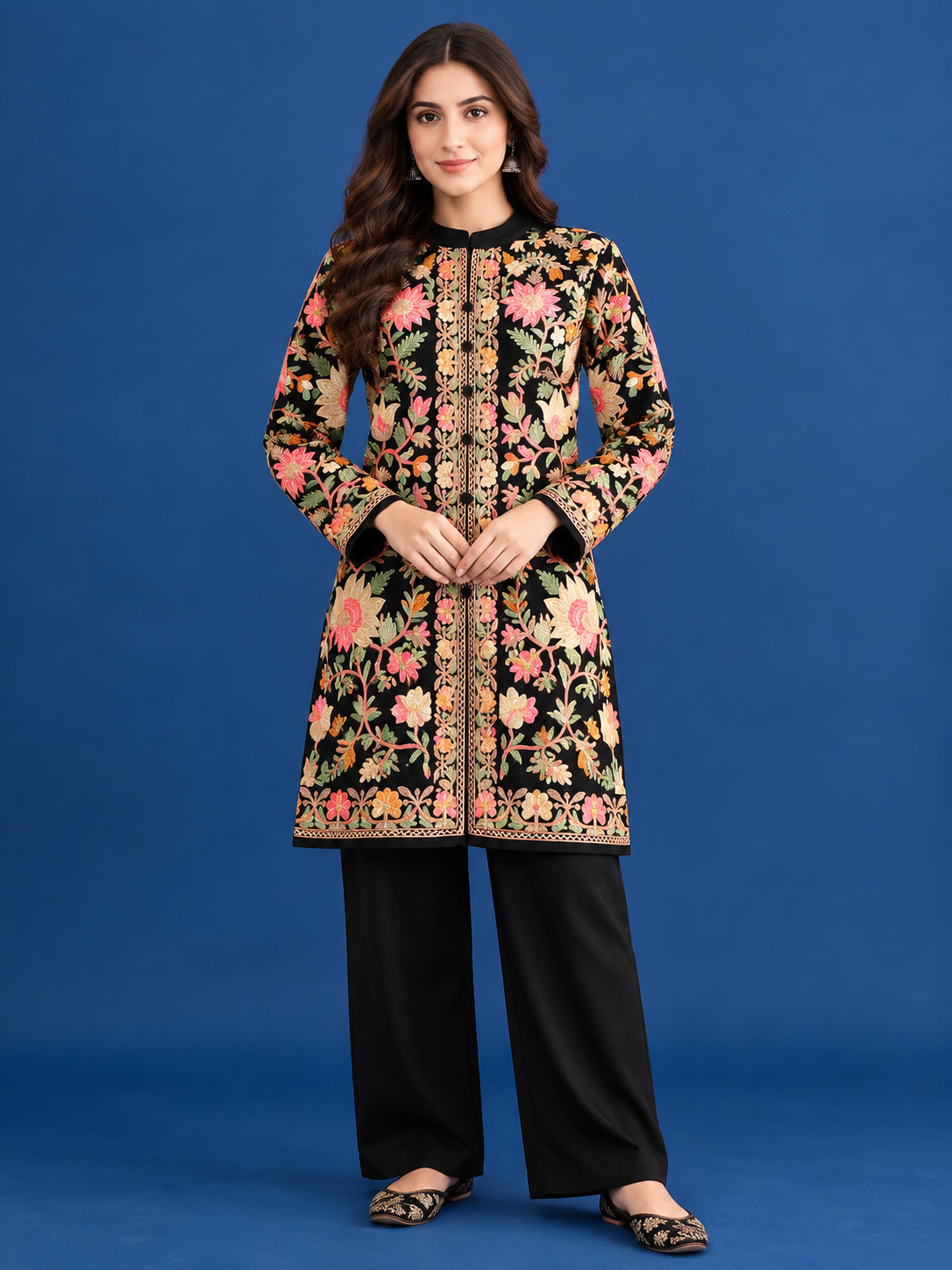 Women’S Embroidered Woolen Kurta With Straight-Fit Pants Co-Set BLACK
