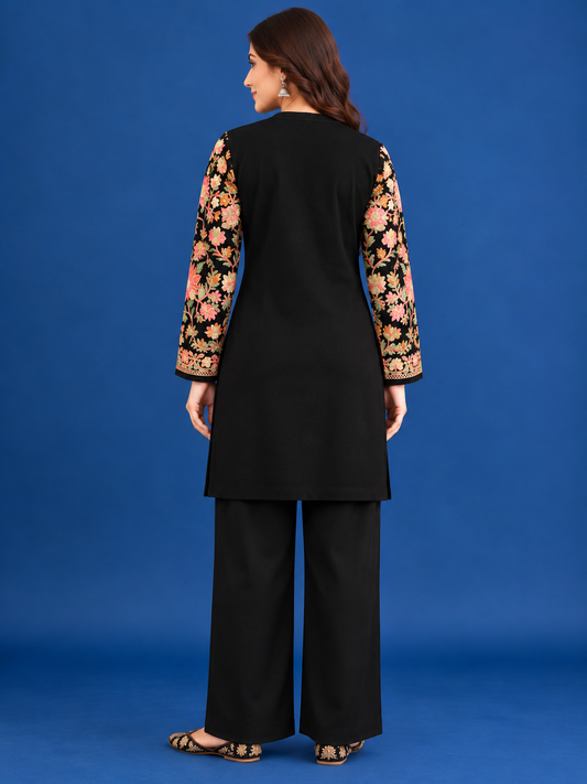 Women’S Embroidered Woolen Kurta With Straight-Fit Pants Co-Set BLACK