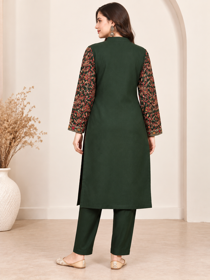 Embroidered 3-Piece Co-ord Shrug Set with Straight Pants and Inner Tank Top GREEN