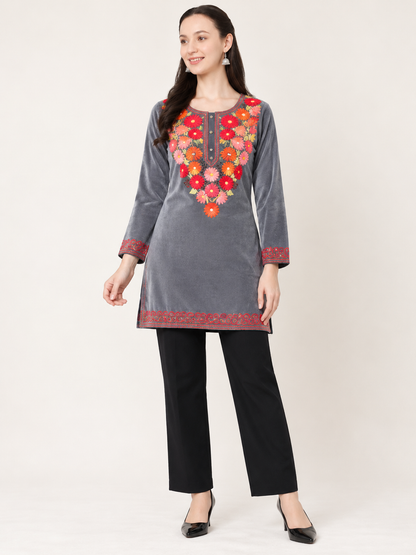 Clapton GREY Woolen Winter wear Embroidered Kashmiri Aari Work Kurta (PHERAN)