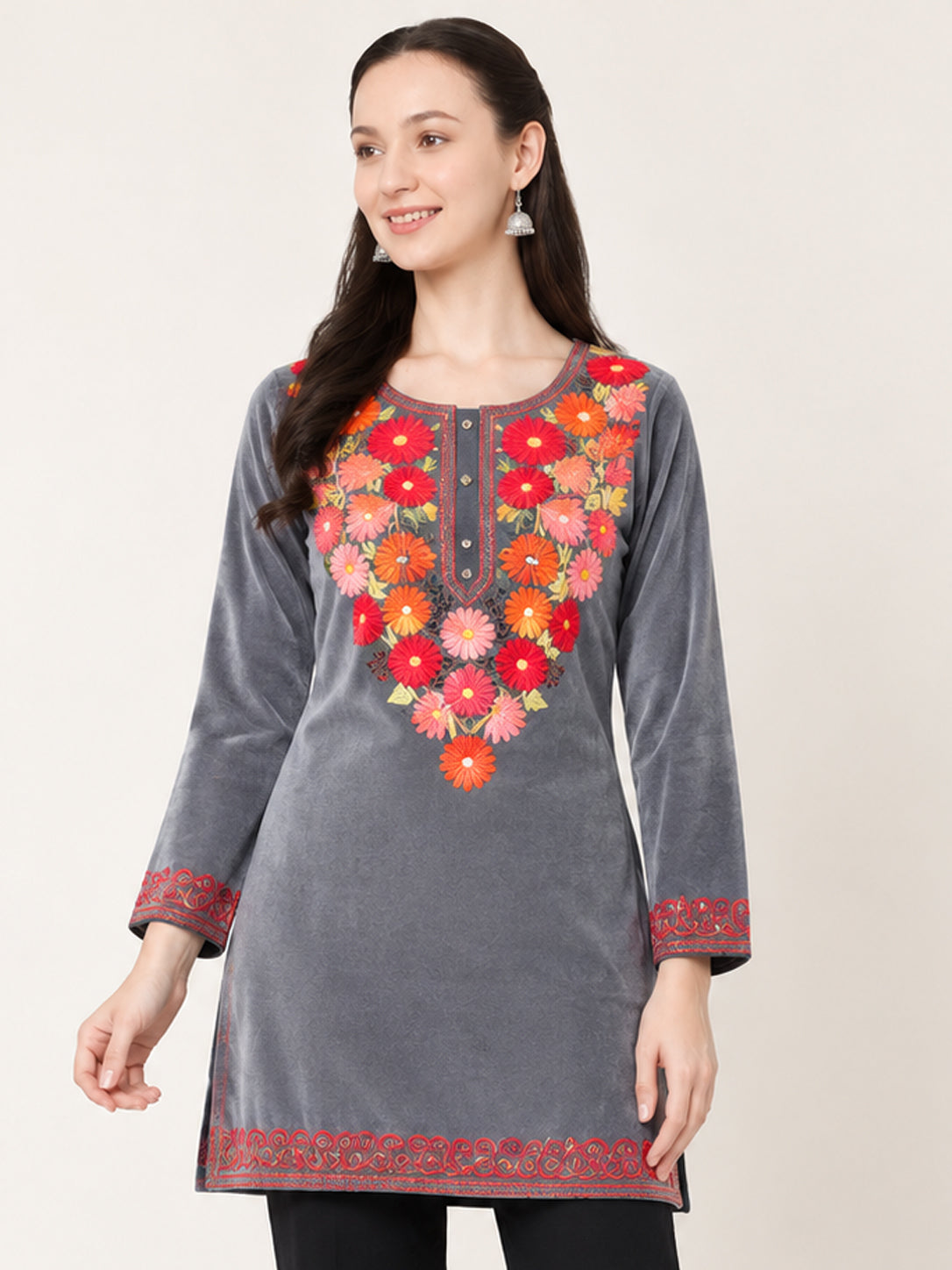 Clapton GREY Woolen Winter wear Embroidered Kashmiri Aari Work Kurta (PHERAN)