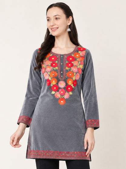Clapton GREY Woolen Winter wear Embroidered Kashmiri Aari Work Kurta (PHERAN)