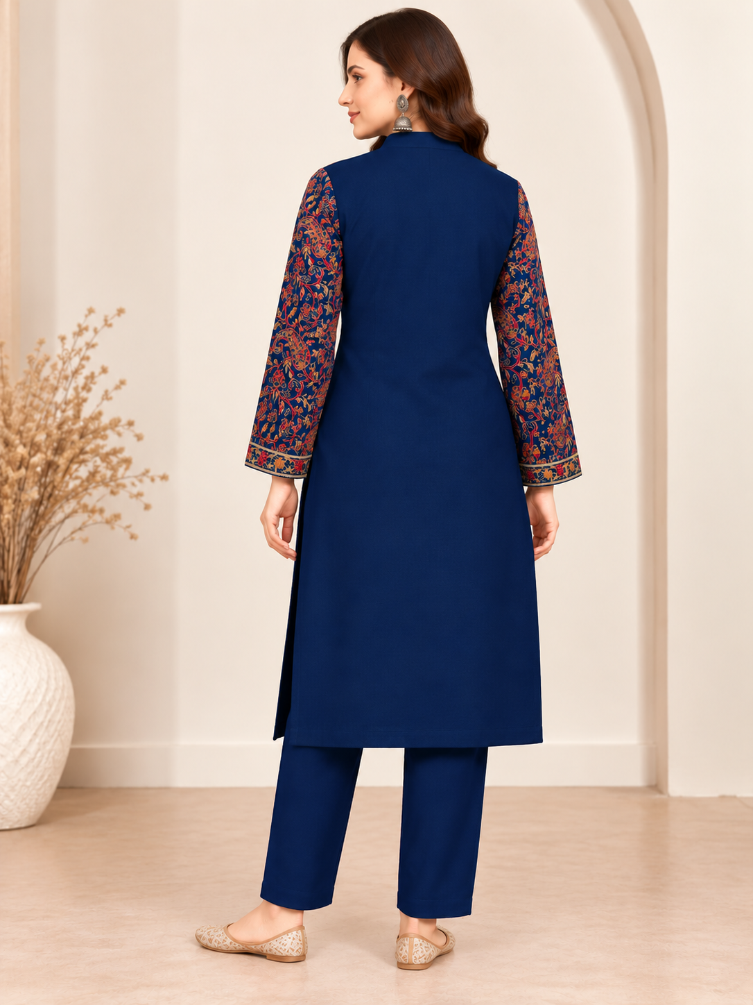 Embroidered 3-Piece Co-ord Shrug Set with Straight Pants and Inner Tank Top Blue