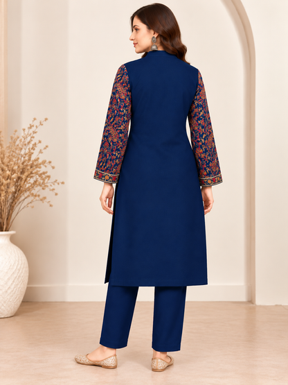 Embroidered 3-Piece Co-ord Shrug Set with Straight Pants and Inner Tank Top Blue
