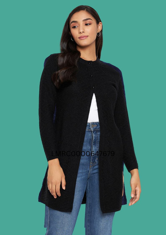 Wool Blend Round Neck Black Long Shrug