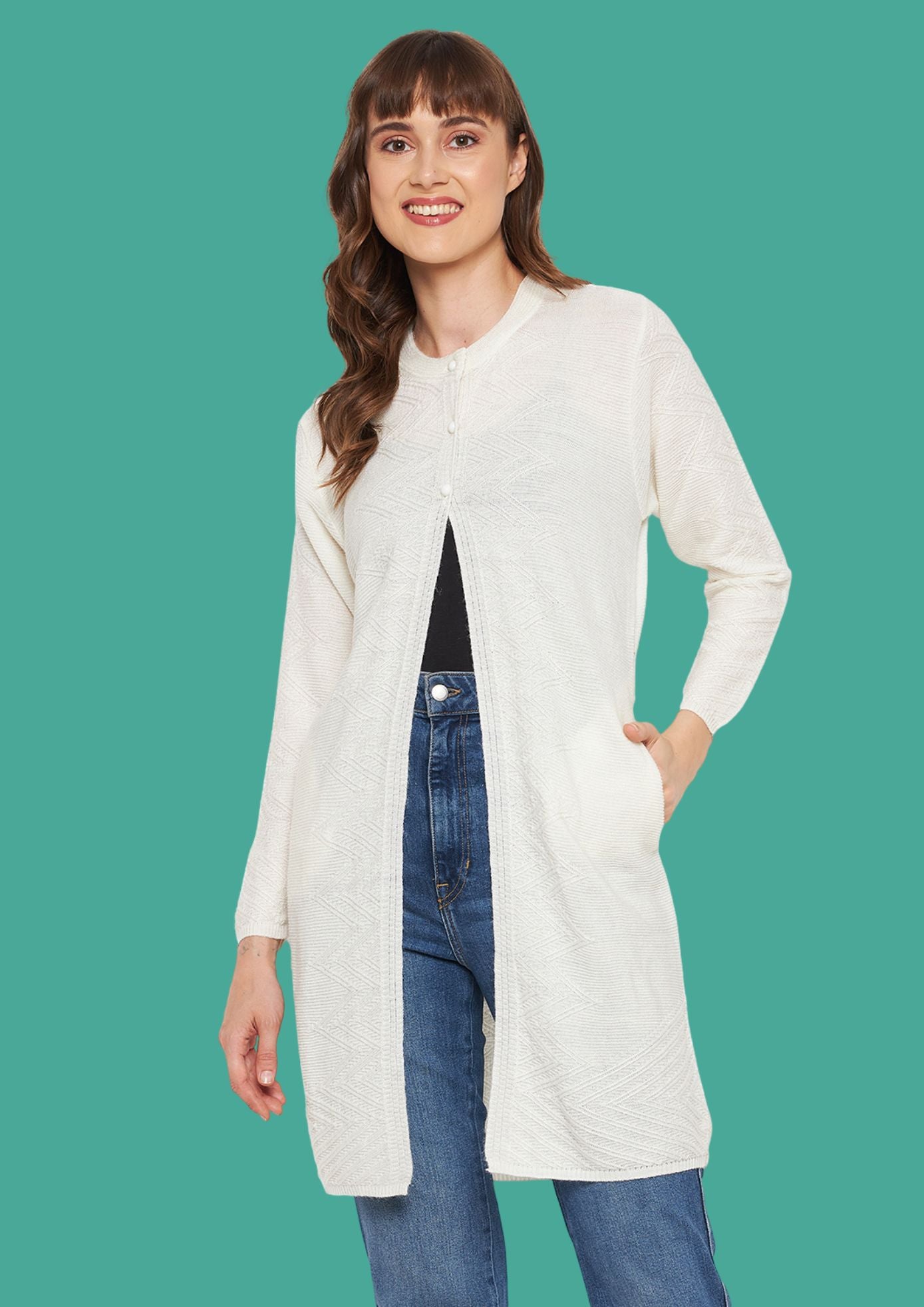 Wool Blend Round Neck Pista Long Shrug