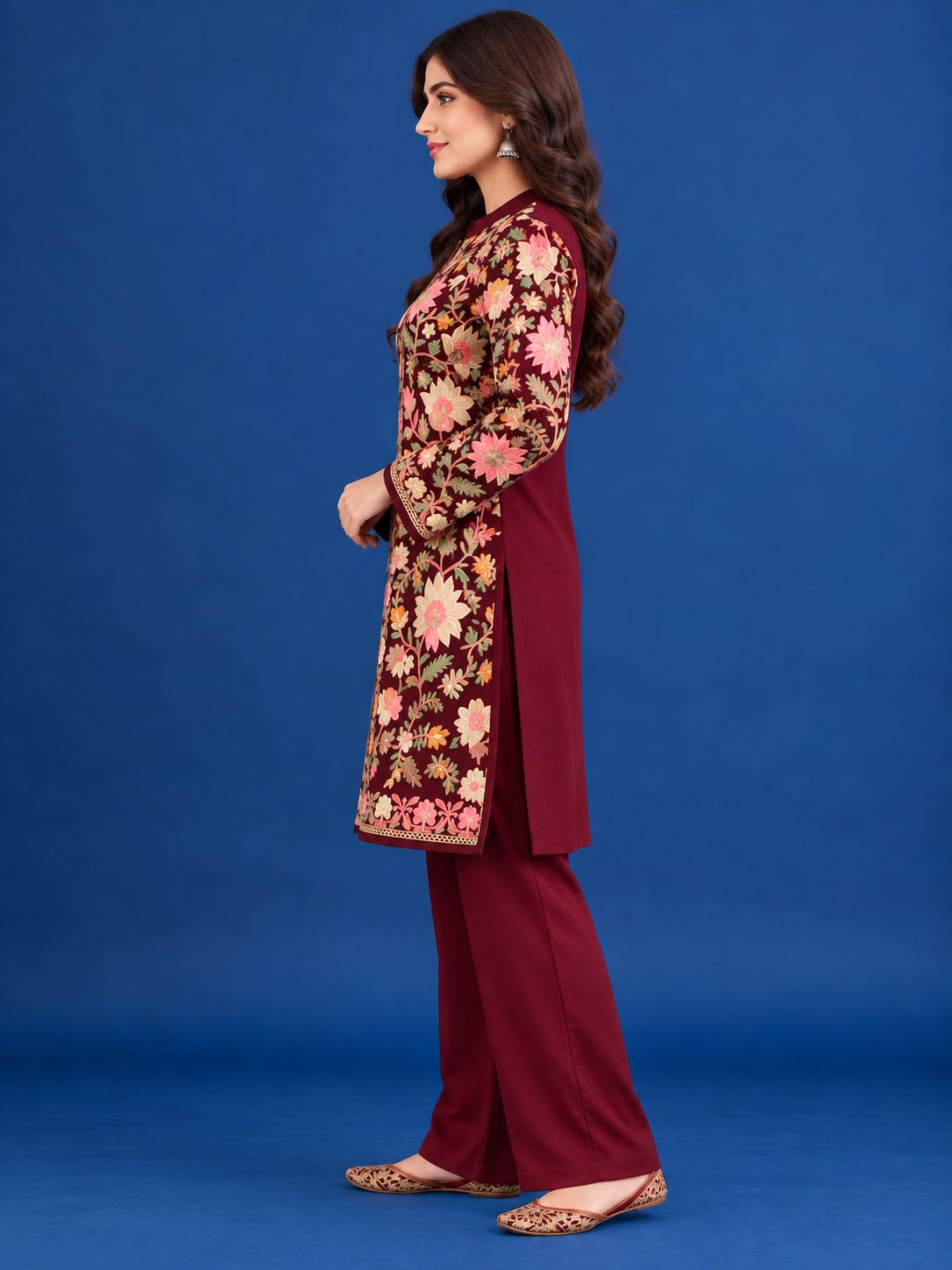 Women’S Embroidered Woolen Kurta With Straight-Fit Pants Co-Set Red
