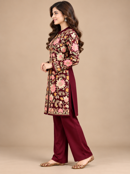 Women’S Embroidered Woolen Kurta With Straight-Fit Pants Co-Set Mahroon