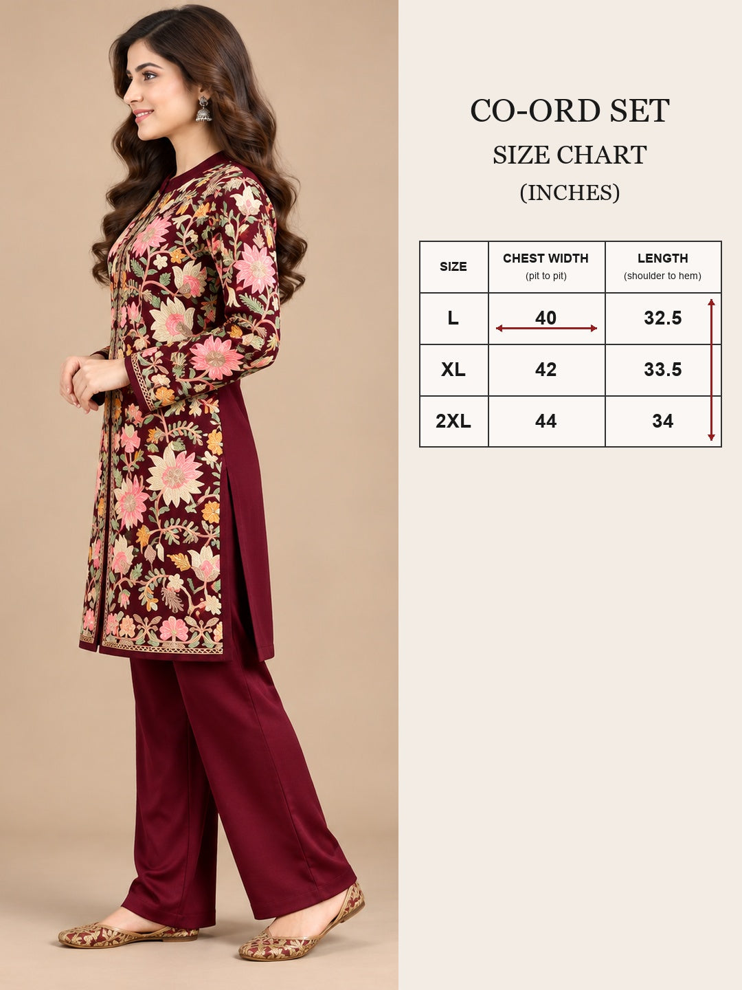 Women’S Embroidered Woolen Kurta With Straight-Fit Pants Co-Set Mahroon