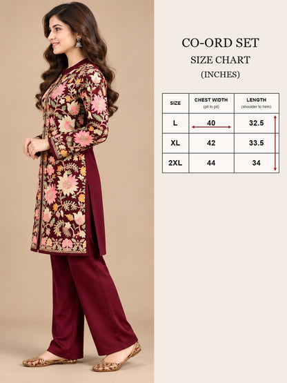 Women’S Embroidered Woolen Kurta With Straight-Fit Pants Co-Set Mahroon