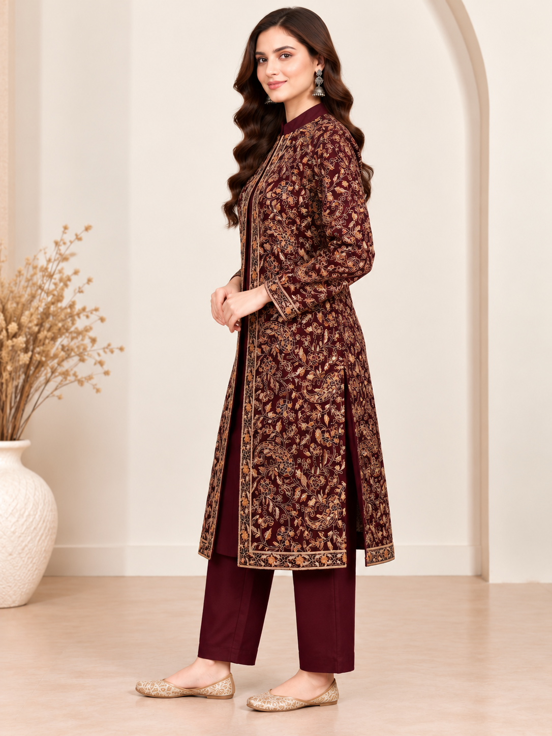 Embroidered 3-Piece Co-ord Shrug Set with Straight Pants and Inner Tank Top MAROON