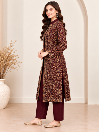 Embroidered 3-Piece Co-ord Shrug Set with Straight Pants and Inner Tank Top MAROON