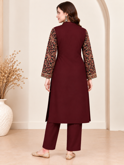 Embroidered 3-Piece Co-ord Shrug Set with Straight Pants and Inner Tank Top MAROON